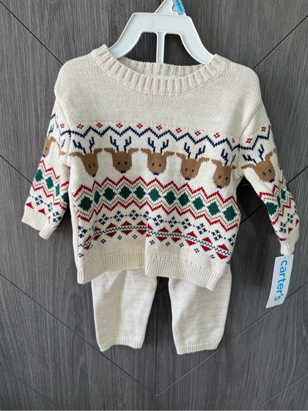 Carter's Cream Reindeer Fair Isle Knit Sweater Set with Green & Red Accents